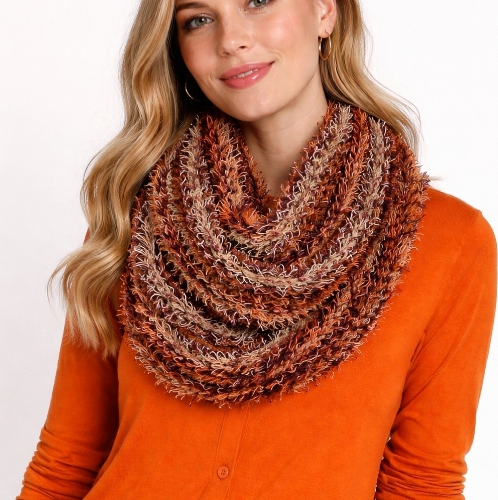 ISA & STEFF Oxblood Striped Knit Shaggy Crochet Infinity Cowl Neck Scarf
